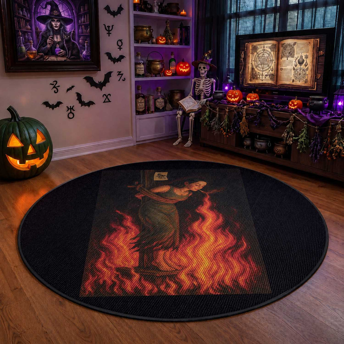 Funny Halloween Witch Round Rug Witch Lighting Cigarette With Flames Occult Unholy