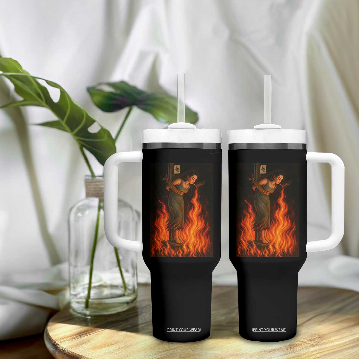 Funny Halloween Witch Tumbler With Handle Witch Lighting Cigarette With Flames Occult Unholy TS10 Print Your Wear