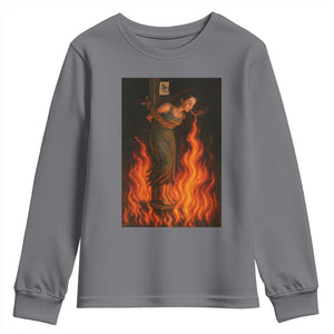 Funny Halloween Witch Youth Sweatshirt Witch Lighting Cigarette With Flames Occult Unholy TS10 Charcoal Print Your Wear