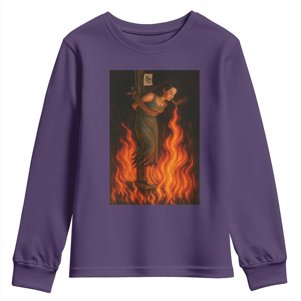 Funny Halloween Witch Youth Sweatshirt Witch Lighting Cigarette With Flames Occult Unholy TS10 Purple Print Your Wear