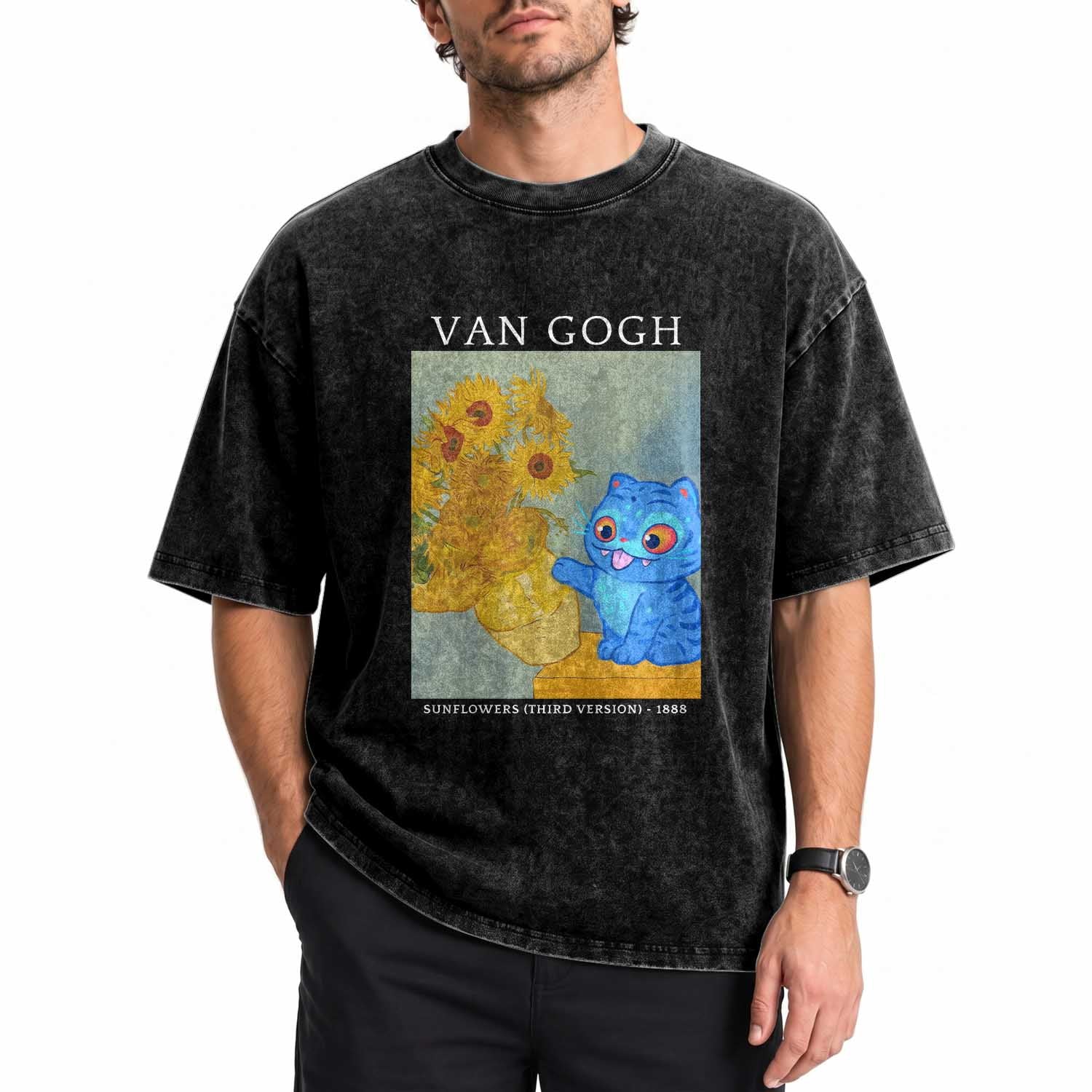 Van Gogh Kpop Fan Washed Cotton T-Shirt Blue Tiger Vintage Art Sunflower Cat