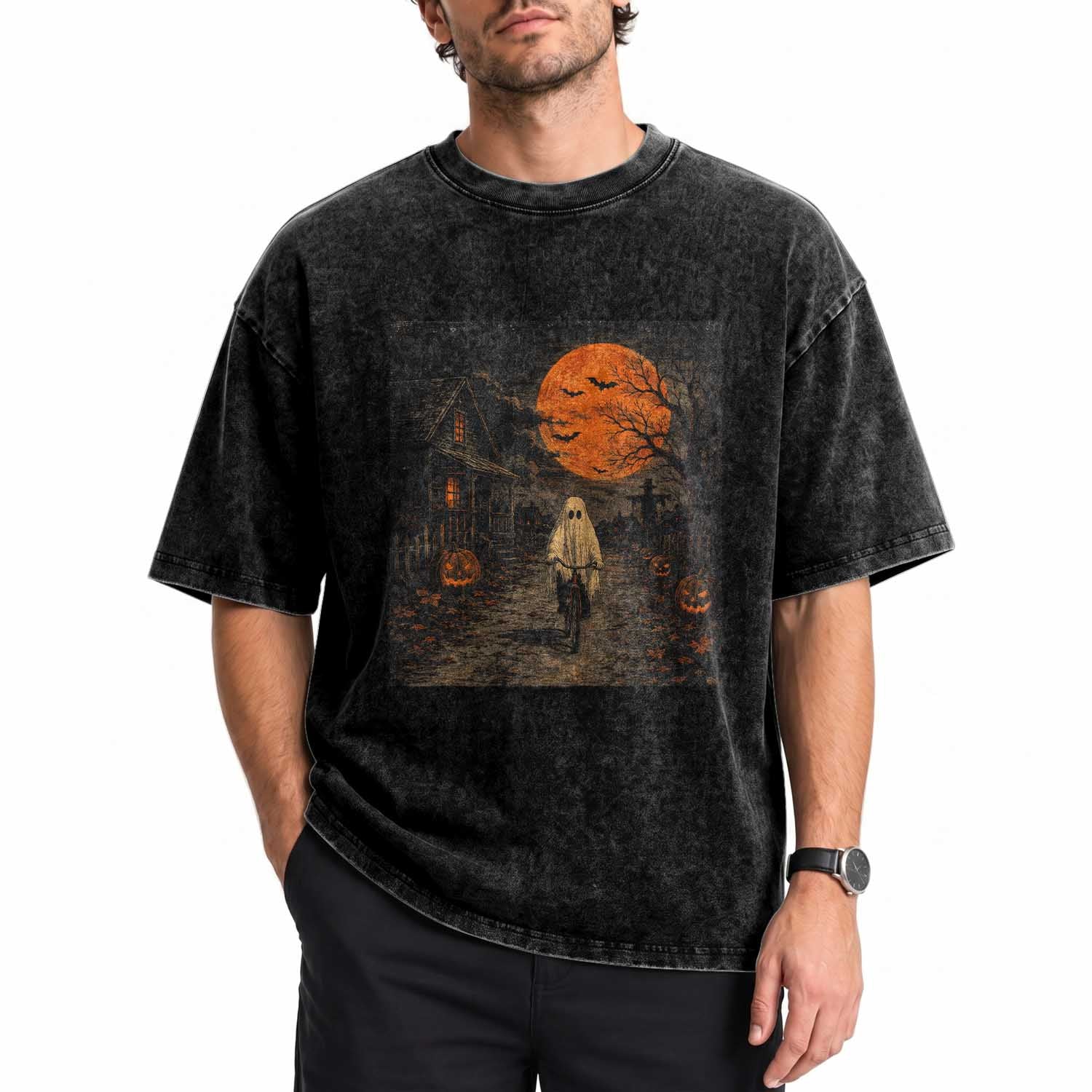 Halloween Spooky Ghost Biking Washed Cotton T-Shirt Vintage Ghost Riding Bicycle Gothic Moonlit Pumpkin Autumn Graphic
