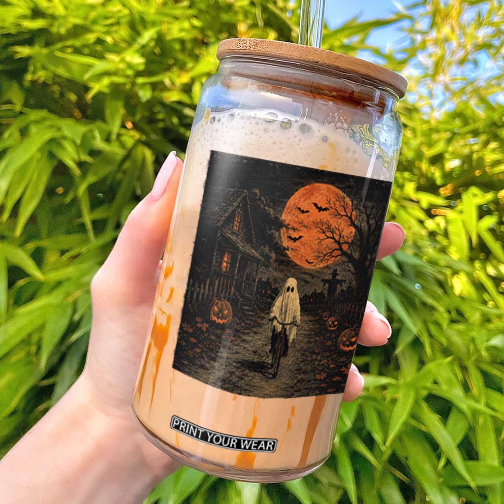 Halloween Spooky Ghost Biking Glass Can Vintage Ghost Riding Bicycle Gothic Moonlit Pumpkin Autumn Graphic TS10 Black Print Your Wear