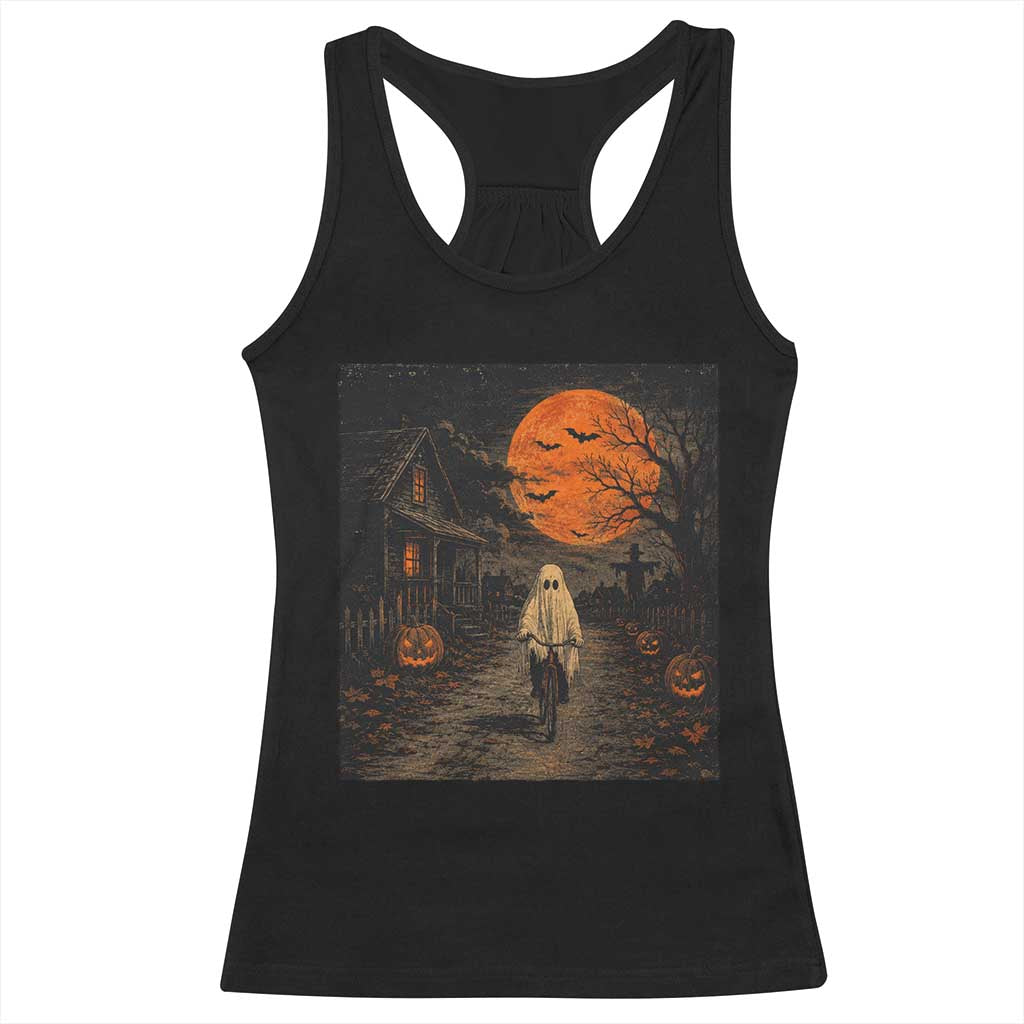Halloween Spooky Ghost Biking Racerback Tank Top Vintage Ghost Riding Bicycle Gothic Moonlit Pumpkin Autumn Graphic TS10 Black Print Your Wear