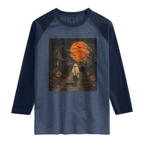 Halloween Spooky Ghost Biking Raglan Shirt Vintage Ghost Riding Bicycle Gothic Moonlit Pumpkin Autumn Graphic TS10 Heather Denim Navy Print Your Wear
