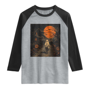 Halloween Spooky Ghost Biking Raglan Shirt Vintage Ghost Riding Bicycle Gothic Moonlit Pumpkin Autumn Graphic TS10 Heather Gray Black Print Your Wear