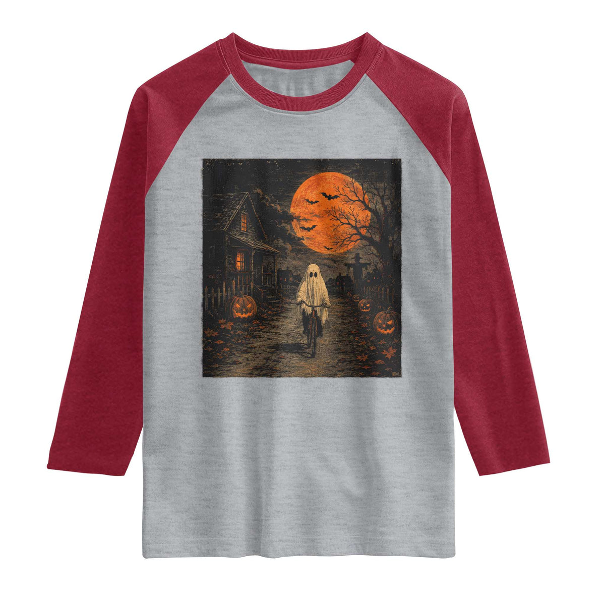 Halloween Spooky Ghost Biking Raglan Shirt Vintage Ghost Riding Bicycle Gothic Moonlit Pumpkin Autumn Graphic TS10 Heather Gray Heather Red Print Your Wear