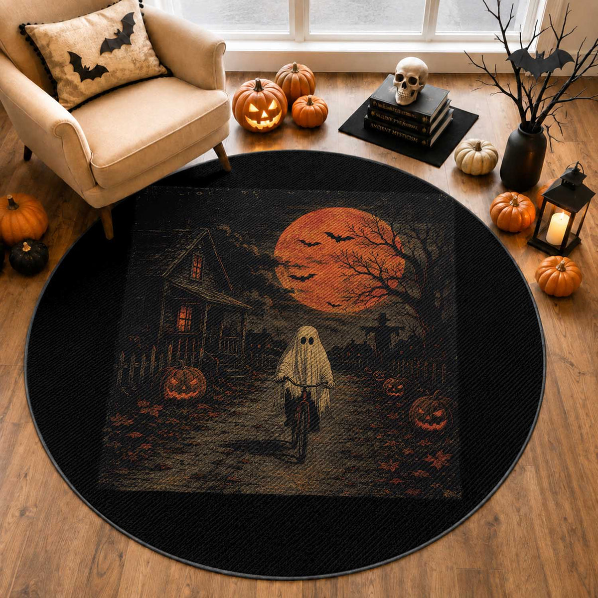 Halloween Spooky Ghost Biking Round Rug Vintage Ghost Riding Bicycle Gothic Moonlit Pumpkin Autumn Graphic
