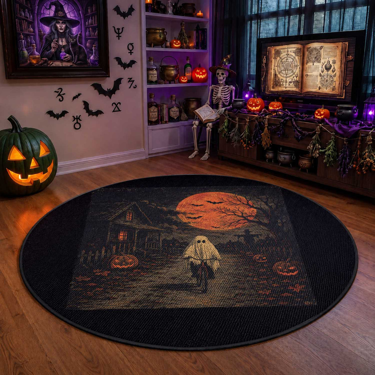 Halloween Spooky Ghost Biking Round Rug Vintage Ghost Riding Bicycle Gothic Moonlit Pumpkin Autumn Graphic