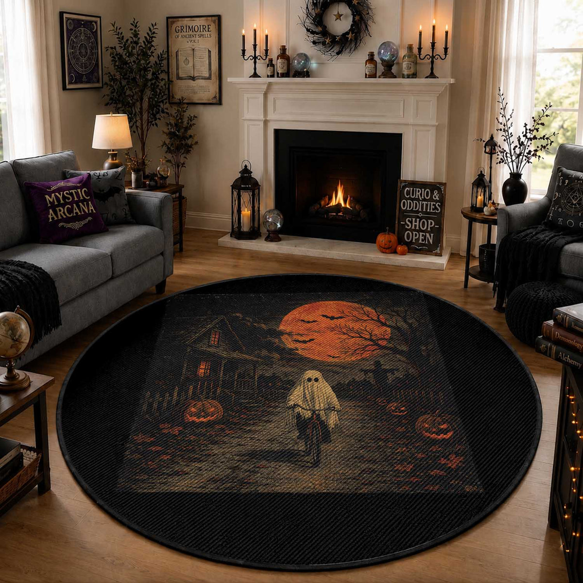 Halloween Spooky Ghost Biking Round Rug Vintage Ghost Riding Bicycle Gothic Moonlit Pumpkin Autumn Graphic