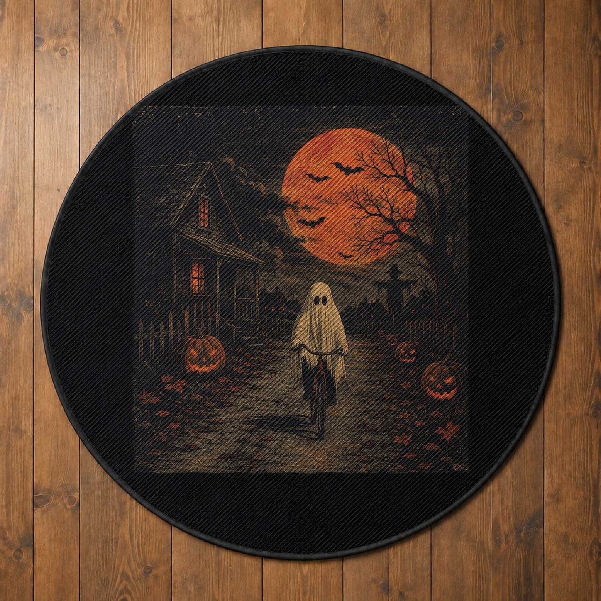 Halloween Spooky Ghost Biking Round Rug Vintage Ghost Riding Bicycle Gothic Moonlit Pumpkin Autumn Graphic