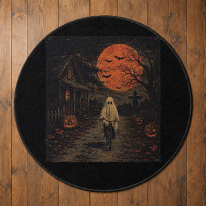 Halloween Spooky Ghost Biking Round Rug Vintage Ghost Riding Bicycle Gothic Moonlit Pumpkin Autumn Graphic