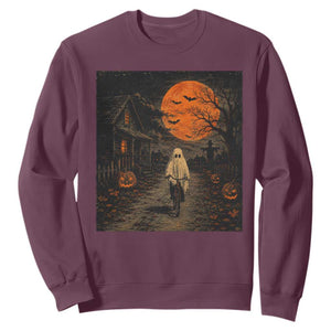 Halloween Spooky Ghost Biking Sweatshirt Vintage Ghost Riding Bicycle Gothic Moonlit Pumpkin Autumn Graphic TS10 Maroon Print Your Wear