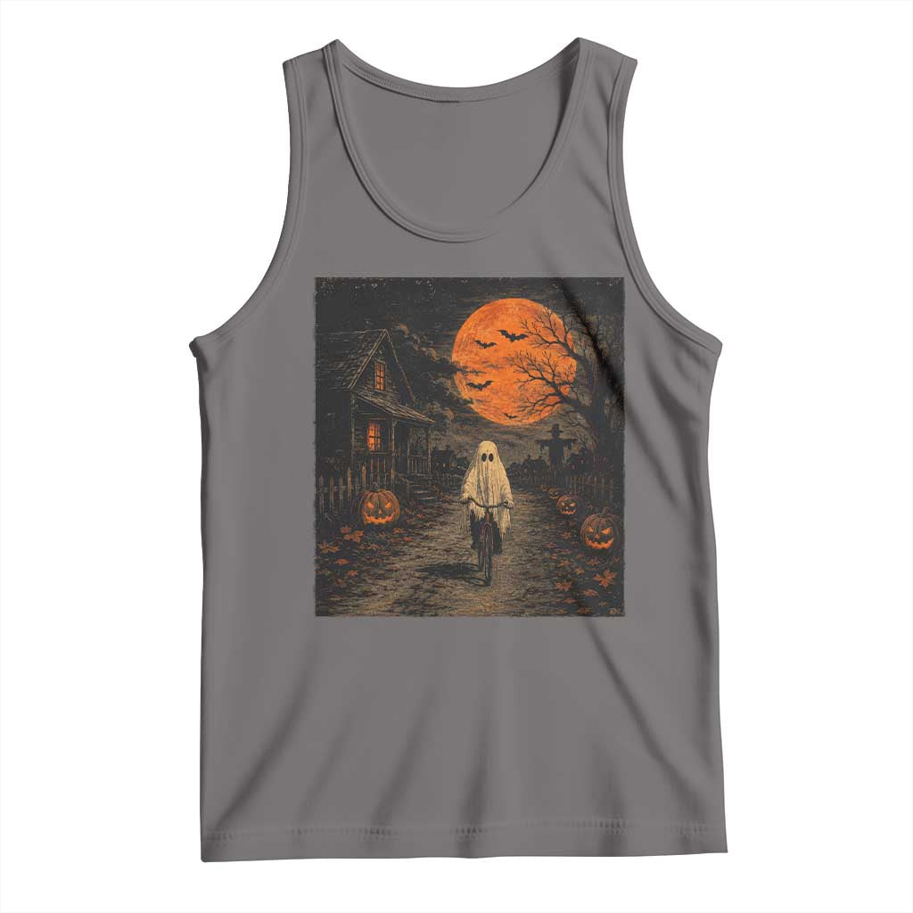 Halloween Spooky Ghost Biking Tank Top Vintage Ghost Riding Bicycle Gothic Moonlit Pumpkin Autumn Graphic TS10 Deep Heather Print Your Wear