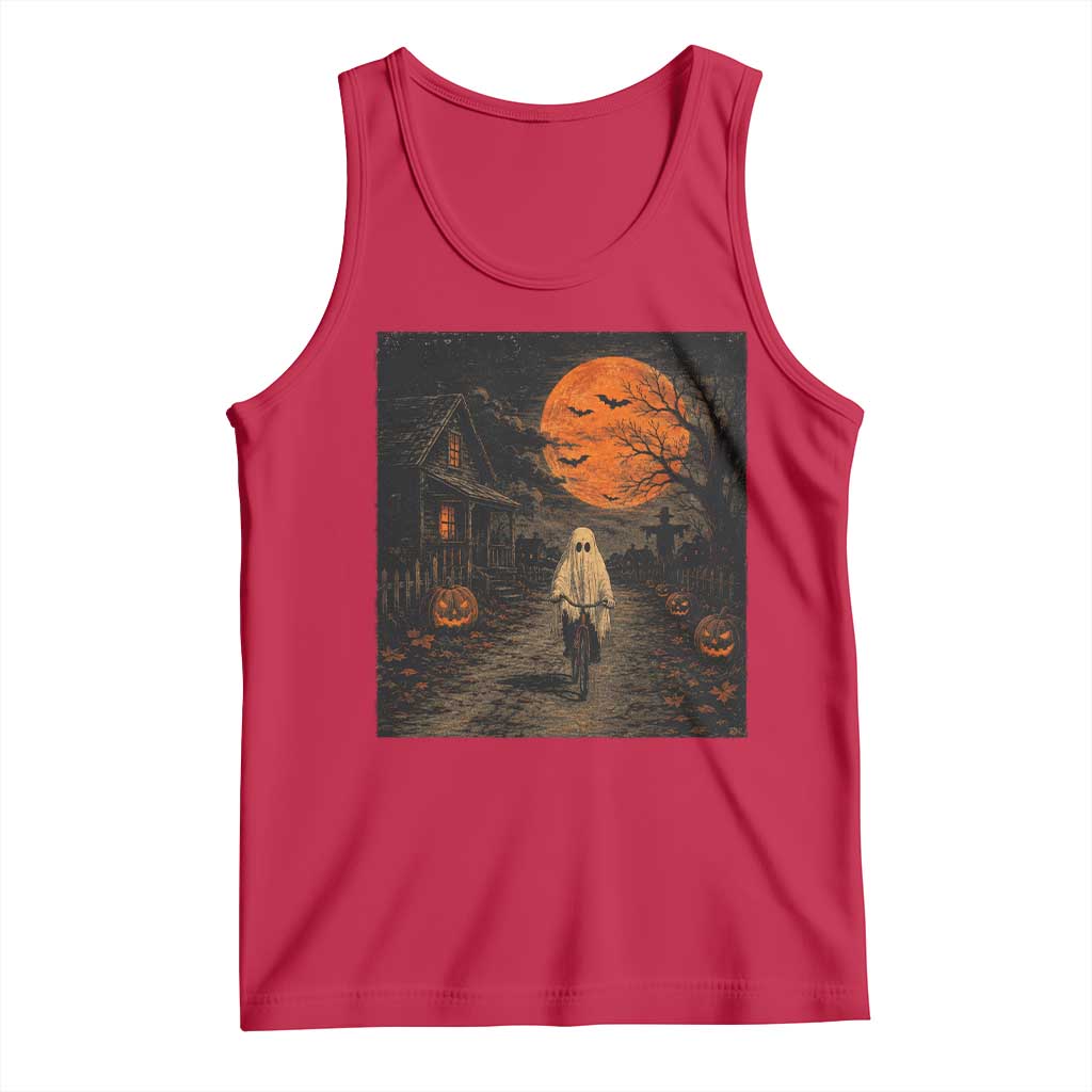 Halloween Spooky Ghost Biking Tank Top Vintage Ghost Riding Bicycle Gothic Moonlit Pumpkin Autumn Graphic TS10 Red Print Your Wear
