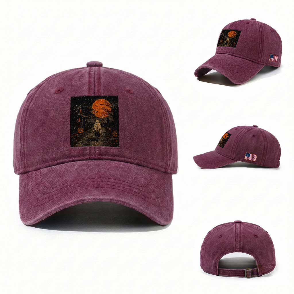 Halloween Spooky Ghost Biking Washed Cotton Baseball Cap Vintage Ghost Riding Bicycle Gothic Moonlit Pumpkin Autumn Graphic TS10 Washed Cap Universal Fit Burgundy Print Your Wear