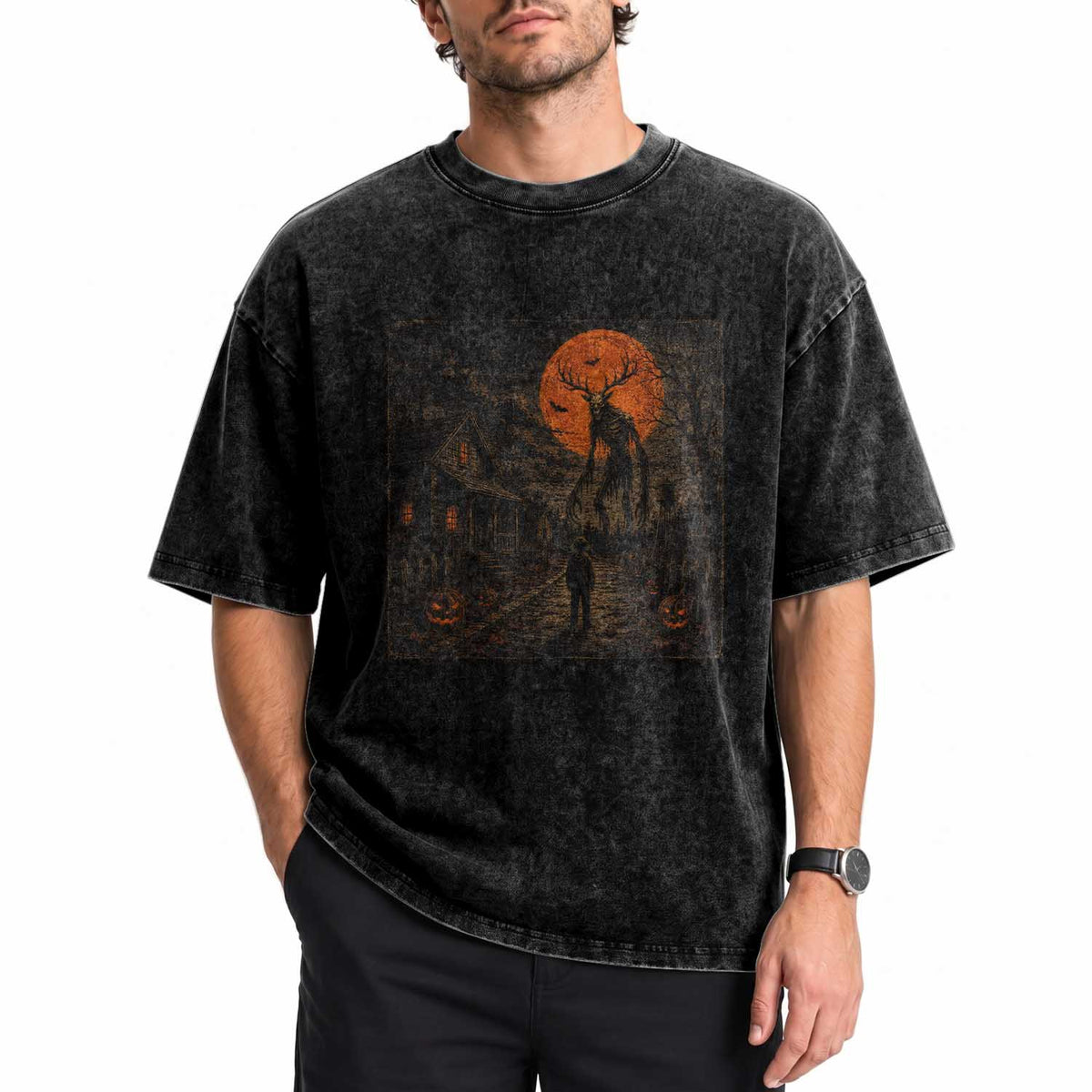 Wendigo Halloween Washed Cotton T-Shirt Vintage Deer Skull Spooky Night Graphic