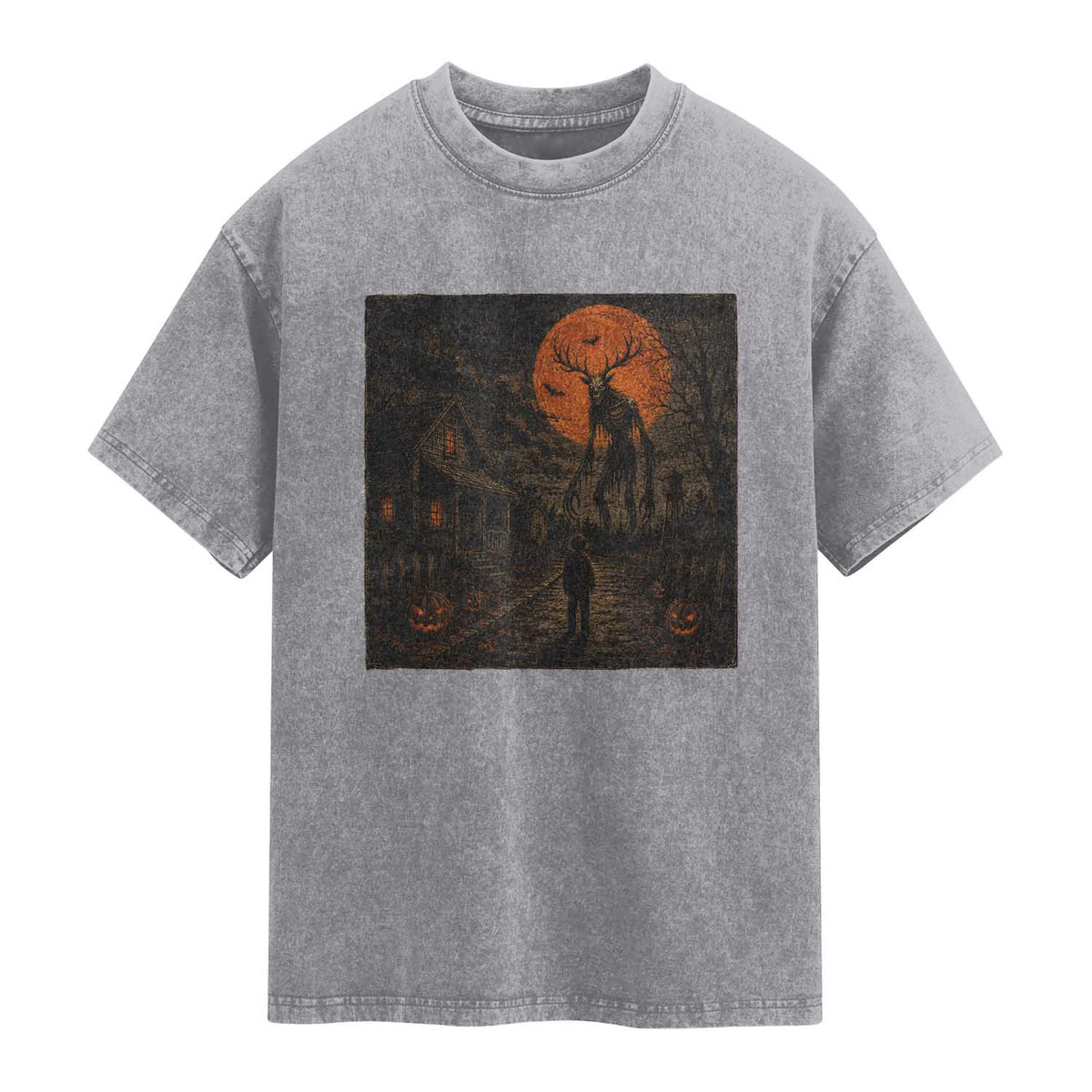 Wendigo Halloween Washed Cotton T-Shirt Vintage Deer Skull Spooky Night Graphic