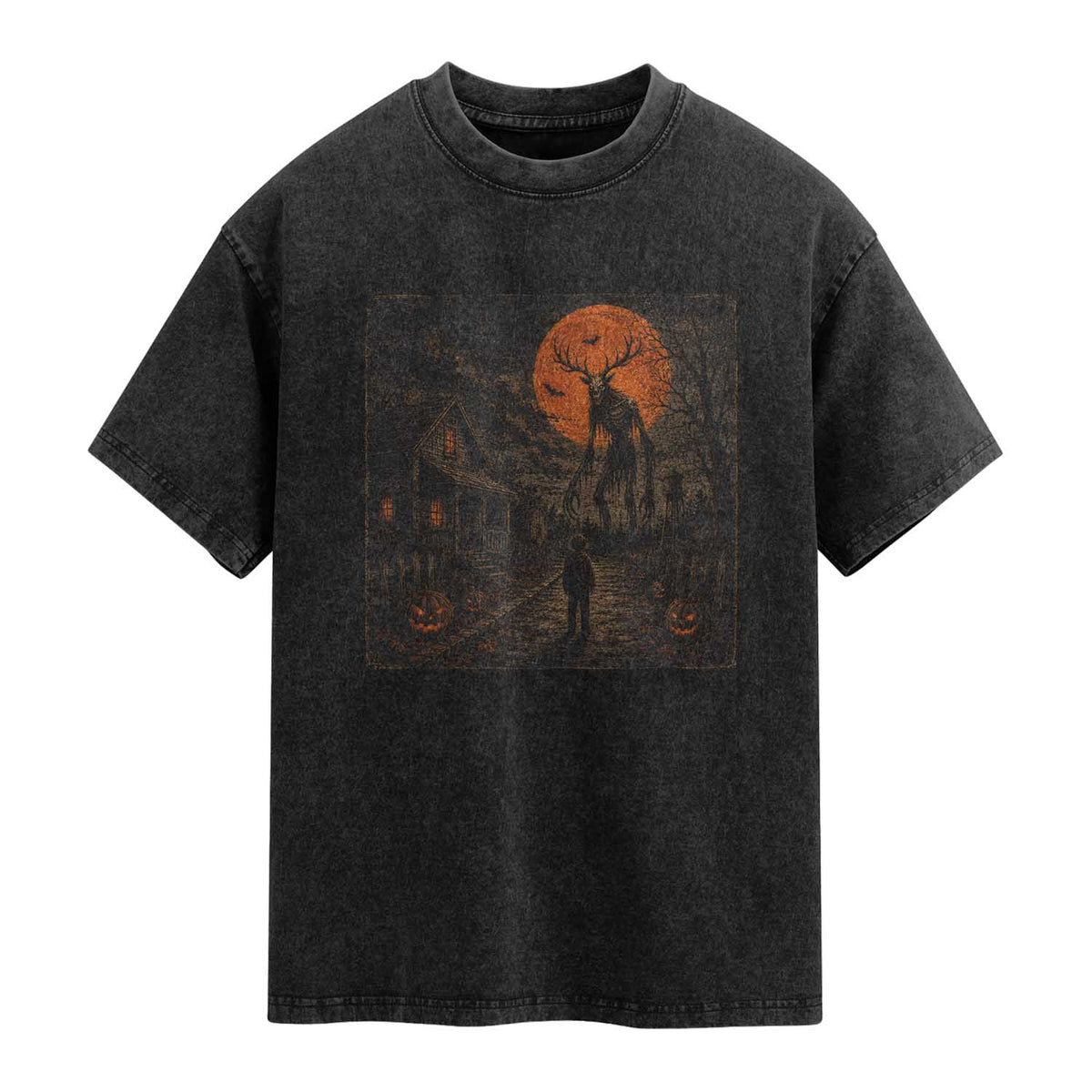 Wendigo Halloween Washed Cotton T-Shirt Vintage Deer Skull Spooky Night Graphic