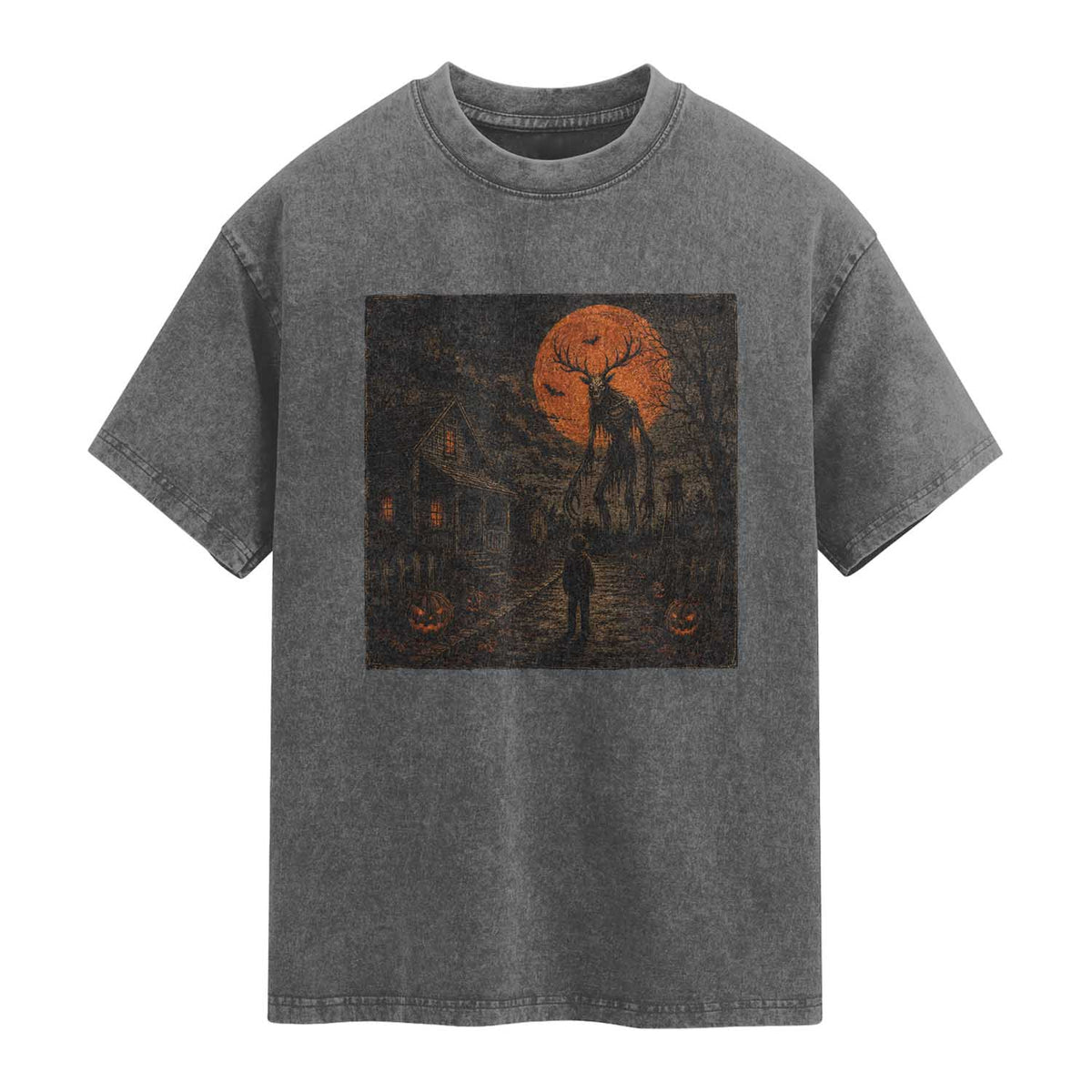 Wendigo Halloween Washed Cotton T-Shirt Vintage Deer Skull Spooky Night Graphic
