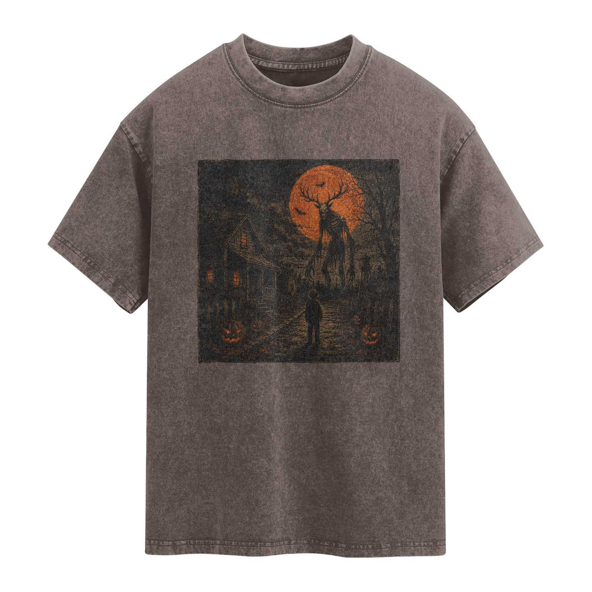 Wendigo Halloween Washed Cotton T-Shirt Vintage Deer Skull Spooky Night Graphic