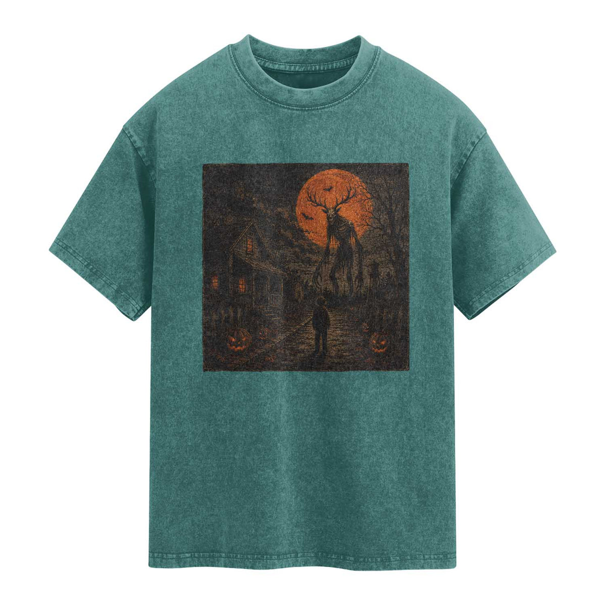 Wendigo Halloween Washed Cotton T-Shirt Vintage Deer Skull Spooky Night Graphic