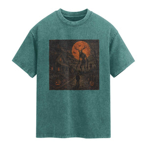 Wendigo Halloween Washed Cotton T-Shirt Vintage Deer Skull Spooky Night Graphic