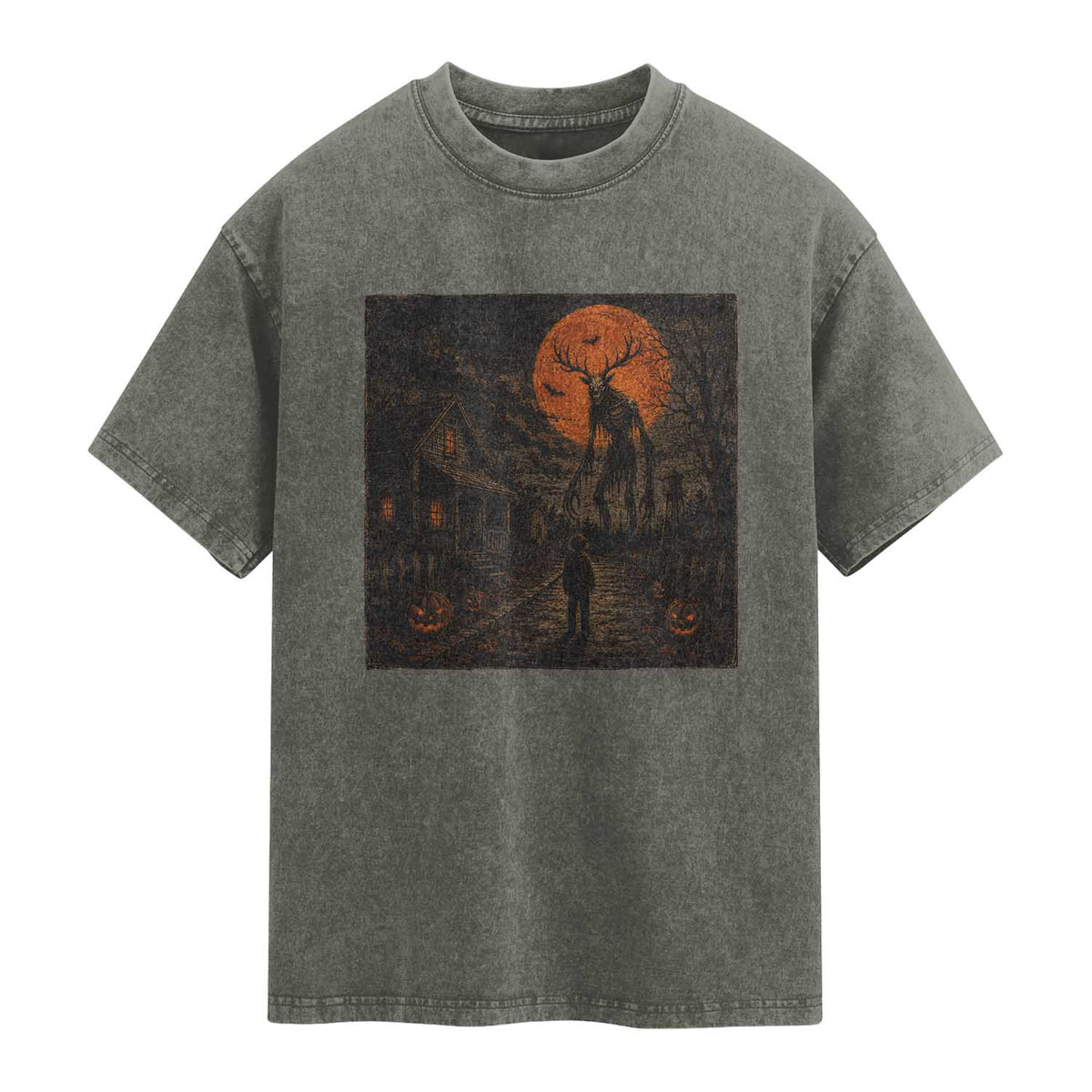 Wendigo Halloween Washed Cotton T-Shirt Vintage Deer Skull Spooky Night Graphic