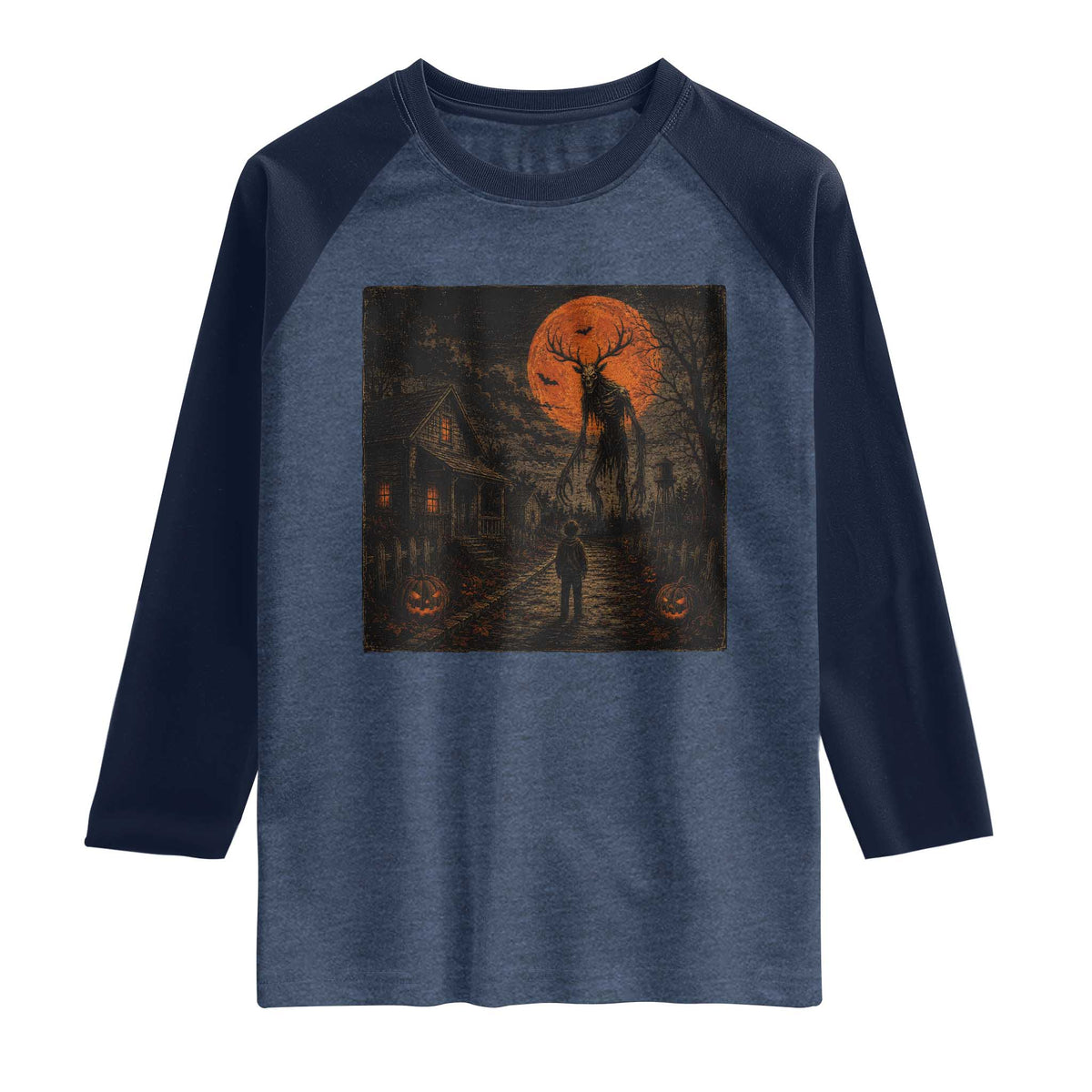Wendigo Halloween Raglan Shirt Vintage Deer Skull Spooky Night Graphic TS10 Heather Denim Navy Print Your Wear