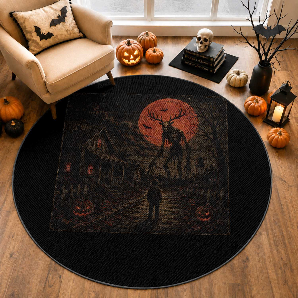 Wendigo Halloween Round Rug Vintage Deer Skull Spooky Night Graphic