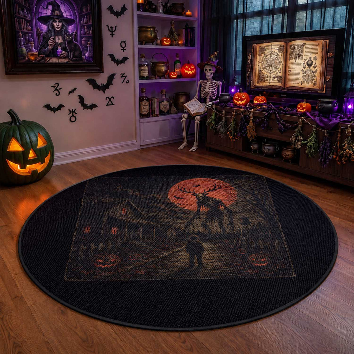 Wendigo Halloween Round Rug Vintage Deer Skull Spooky Night Graphic