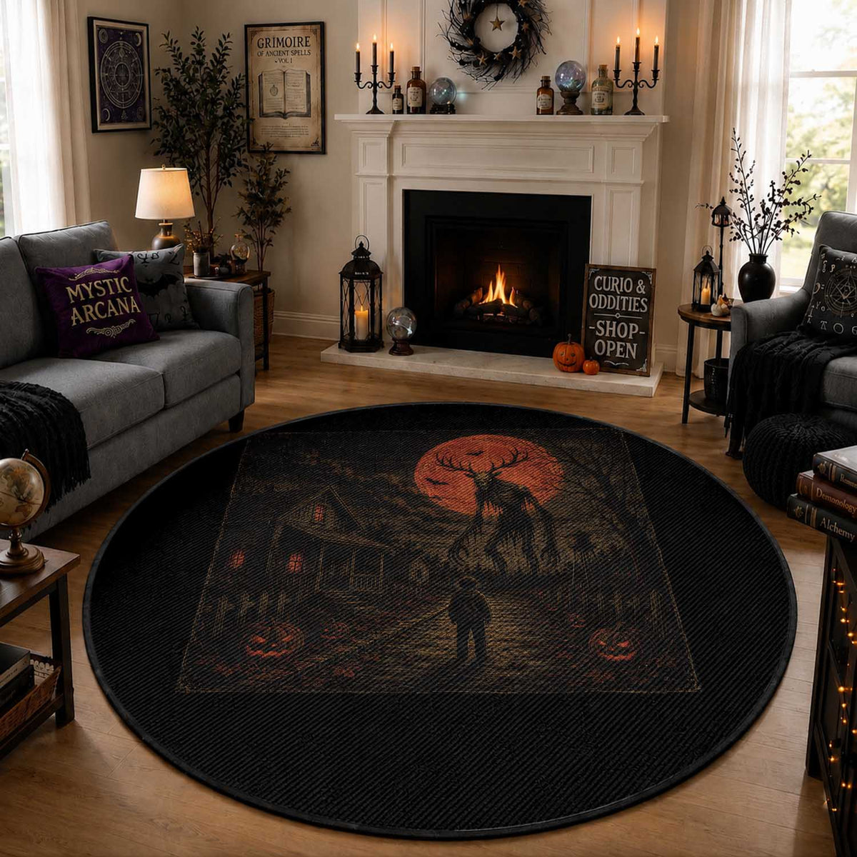Wendigo Halloween Round Rug Vintage Deer Skull Spooky Night Graphic