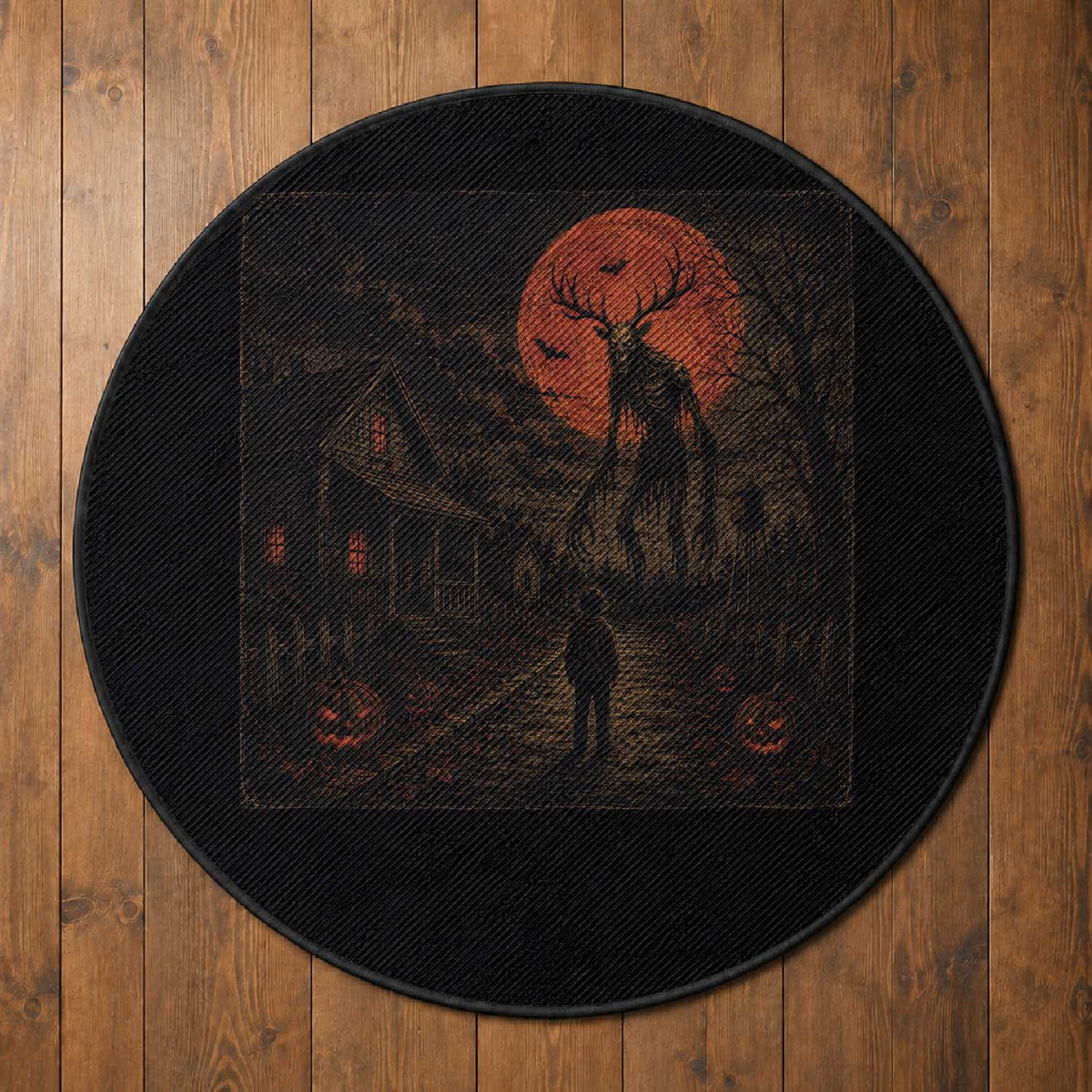 Wendigo Halloween Round Rug Vintage Deer Skull Spooky Night Graphic