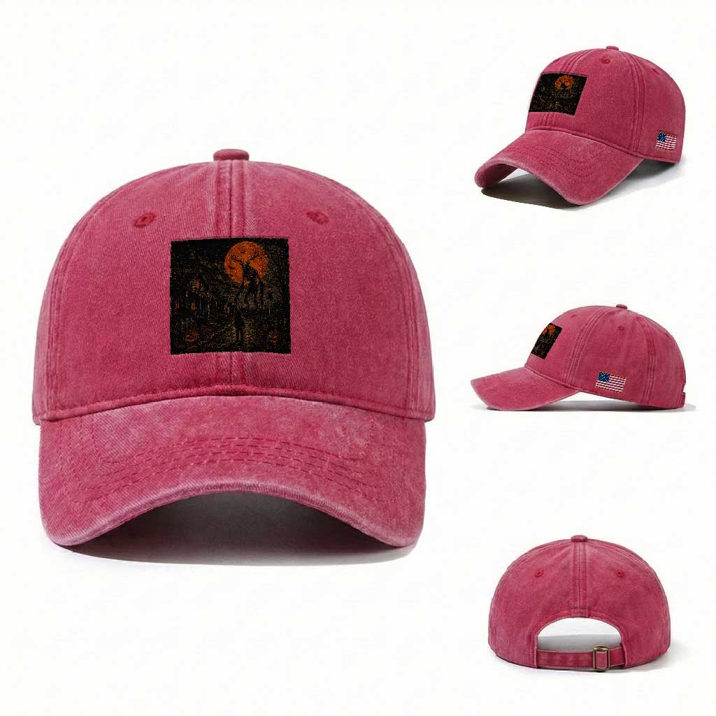 Wendigo Halloween Washed Cotton Baseball Cap Vintage Deer Skull Spooky Night Graphic TS10 Washed Cap Universal Fit Red Print Your Wear