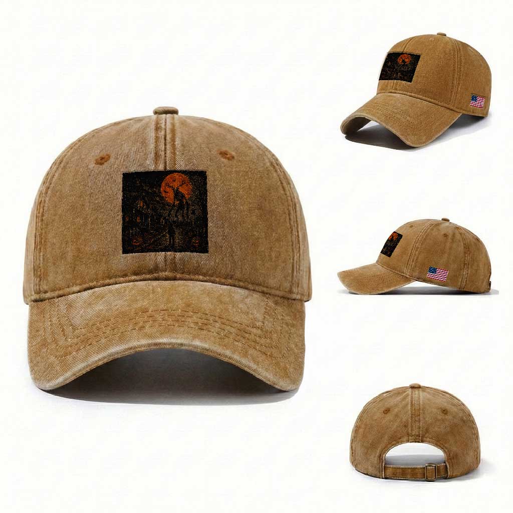 Wendigo Halloween Washed Cotton Baseball Cap Vintage Deer Skull Spooky Night Graphic TS10 Washed Cap Universal Fit Yellow Ochre Print Your Wear