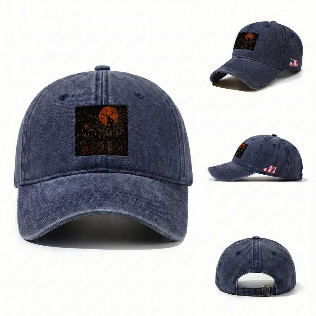 Wendigo Halloween Washed Cotton Baseball Cap Vintage Deer Skull Spooky Night Graphic TS10 Washed Cap Universal Fit Navy Print Your Wear