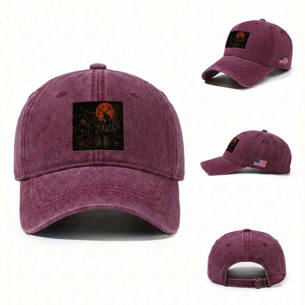 Wendigo Halloween Washed Cotton Baseball Cap Vintage Deer Skull Spooky Night Graphic TS10 Washed Cap Universal Fit Burgundy Print Your Wear