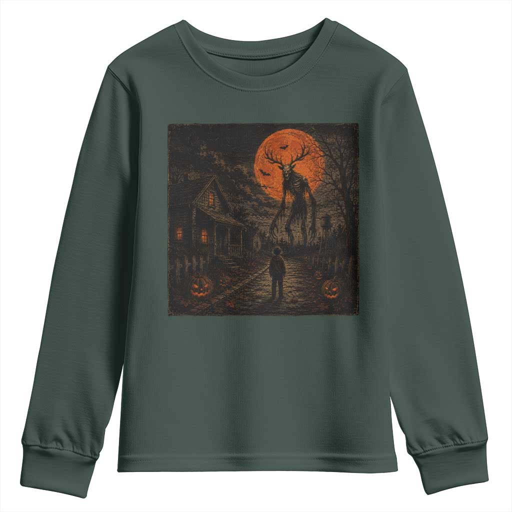 Wendigo Halloween Youth Sweatshirt Vintage Deer Skull Spooky Night Graphic TS10 Dark Forest Green Print Your Wear