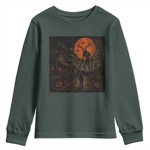 Wendigo Halloween Youth Sweatshirt Vintage Deer Skull Spooky Night Graphic TS10 Dark Forest Green Print Your Wear