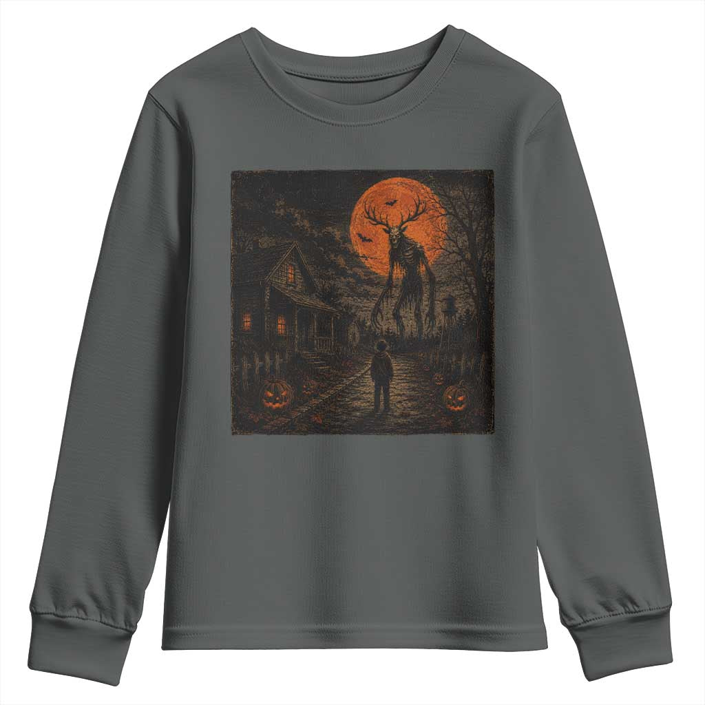 Wendigo Halloween Youth Sweatshirt Vintage Deer Skull Spooky Night Graphic TS10 Dark Heather Print Your Wear