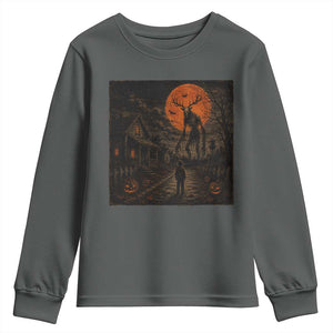 Wendigo Halloween Youth Sweatshirt Vintage Deer Skull Spooky Night Graphic TS10 Dark Heather Print Your Wear