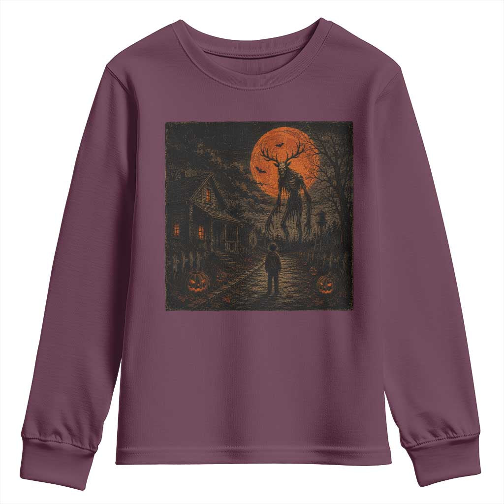 Wendigo Halloween Youth Sweatshirt Vintage Deer Skull Spooky Night Graphic TS10 Maroon Print Your Wear