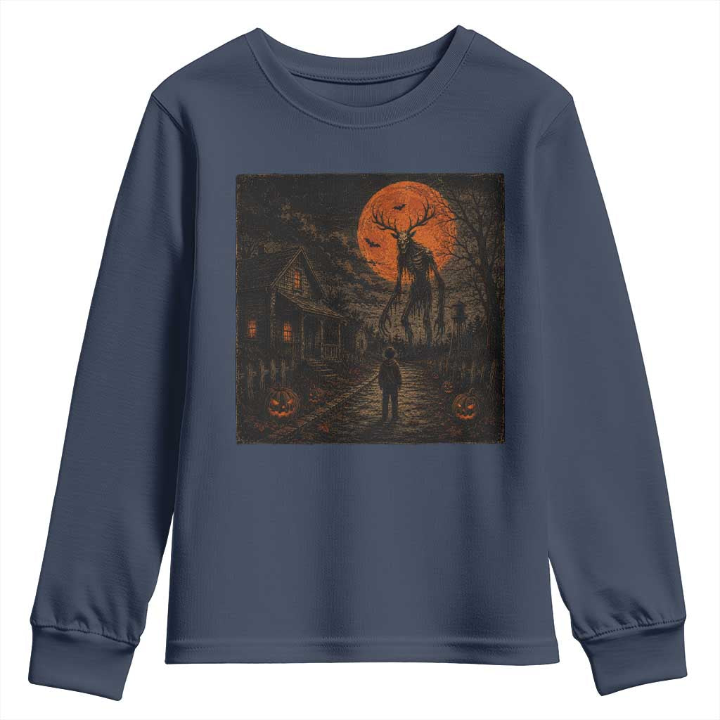 Wendigo Halloween Youth Sweatshirt Vintage Deer Skull Spooky Night Graphic TS10 Navy Print Your Wear