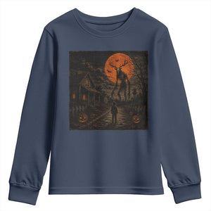 Wendigo Halloween Youth Sweatshirt Vintage Deer Skull Spooky Night Graphic TS10 Navy Print Your Wear