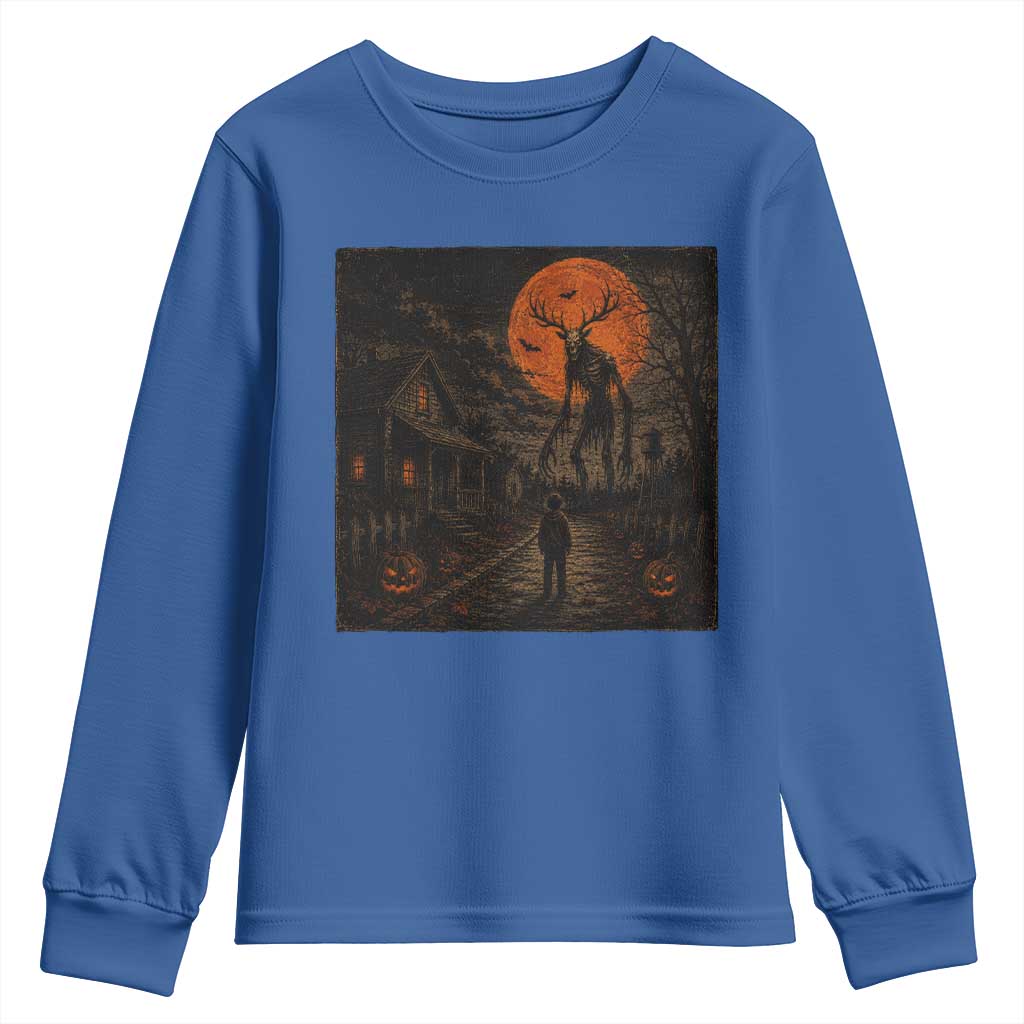 Wendigo Halloween Youth Sweatshirt Vintage Deer Skull Spooky Night Graphic TS10 Royal Blue Print Your Wear