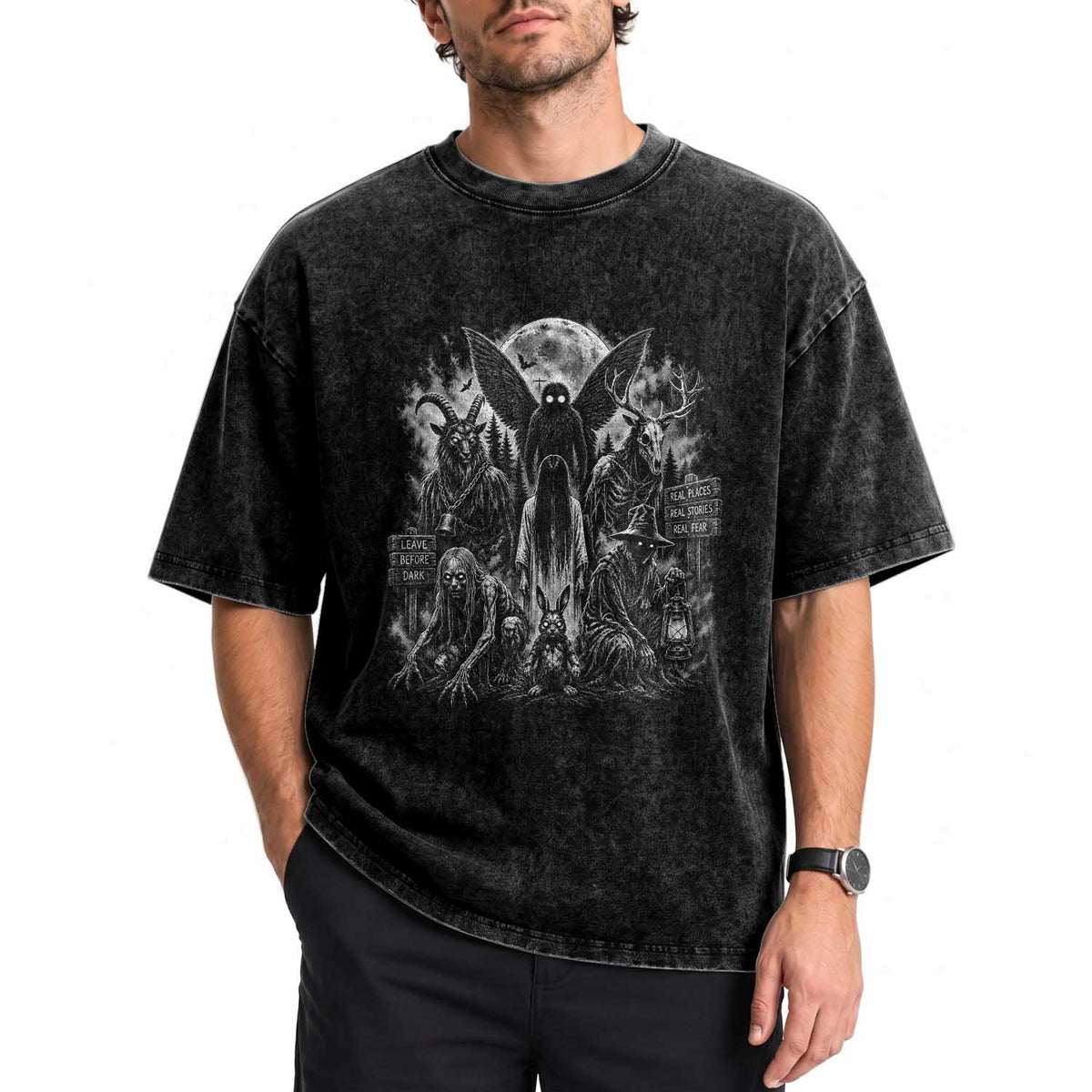 Cryptid Monsters Urban Legends Washed Cotton T-Shirt Vintage Dark Folklore Leave Before Dark Graphic