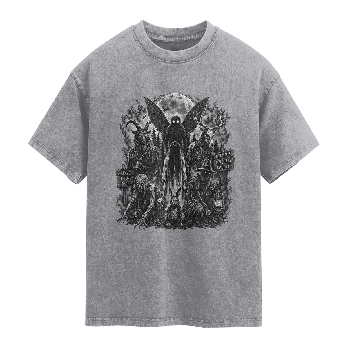 Cryptid Monsters Urban Legends Washed Cotton T-Shirt Vintage Dark Folklore Leave Before Dark Graphic