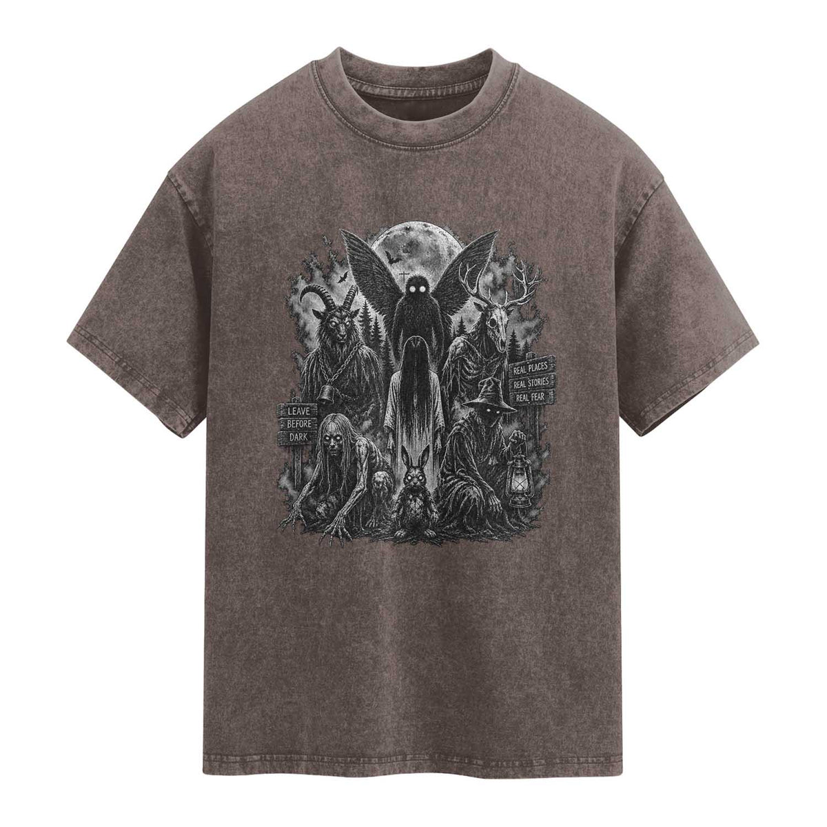 Cryptid Monsters Urban Legends Washed Cotton T-Shirt Vintage Dark Folklore Leave Before Dark Graphic