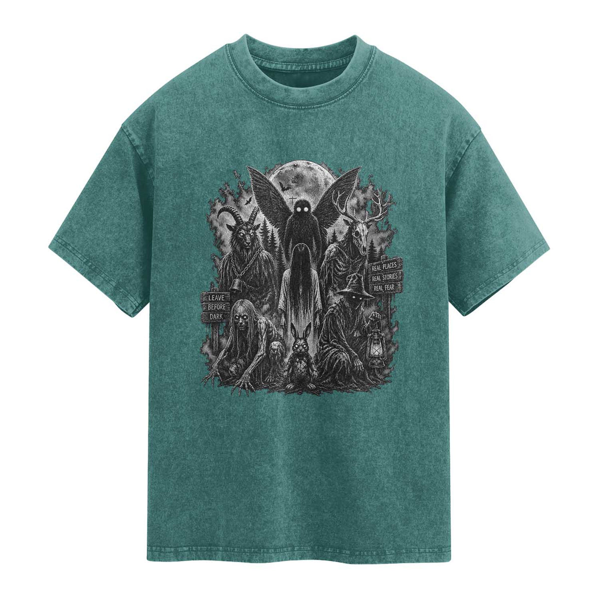 Cryptid Monsters Urban Legends Washed Cotton T-Shirt Vintage Dark Folklore Leave Before Dark Graphic