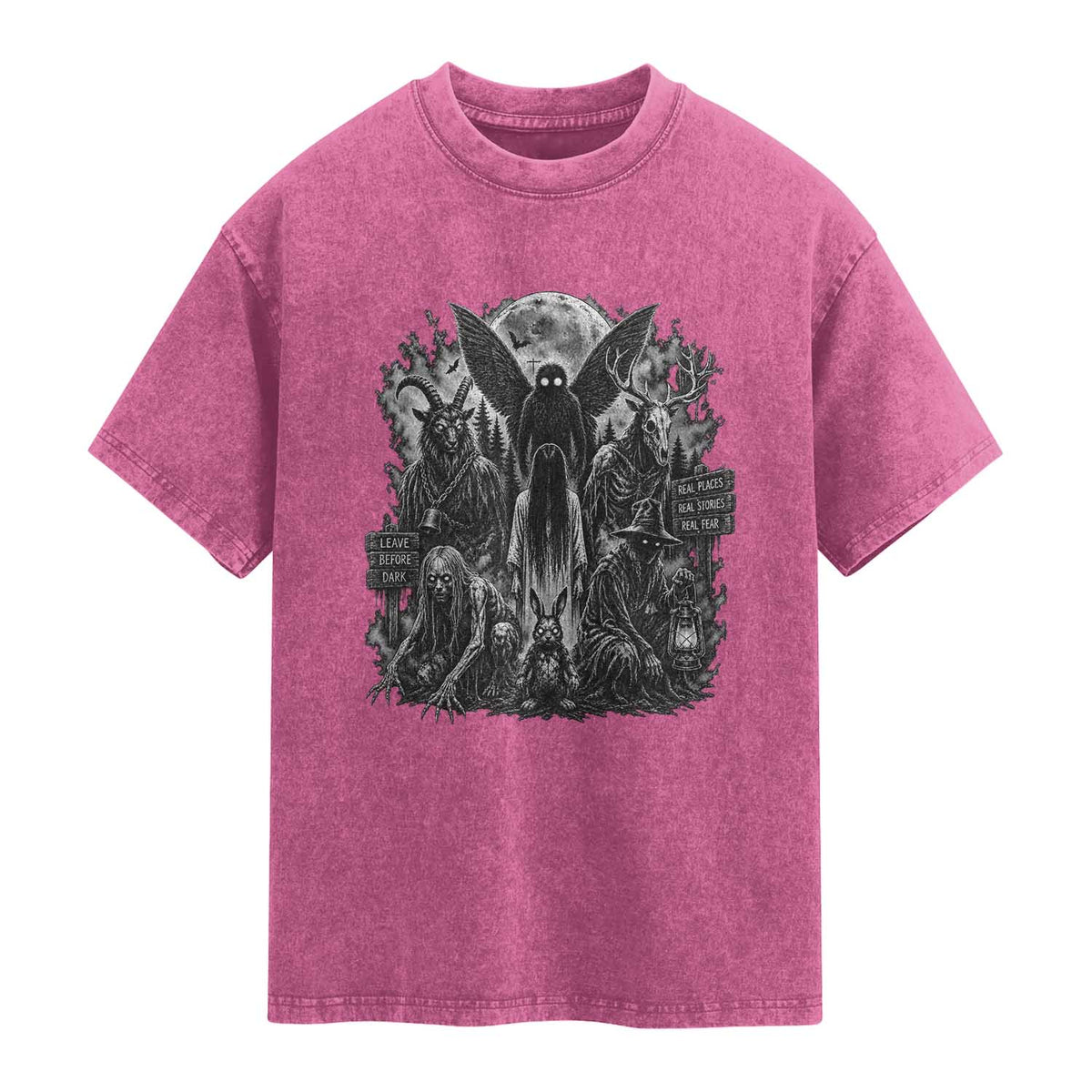 Cryptid Monsters Urban Legends Washed Cotton T-Shirt Vintage Dark Folklore Leave Before Dark Graphic